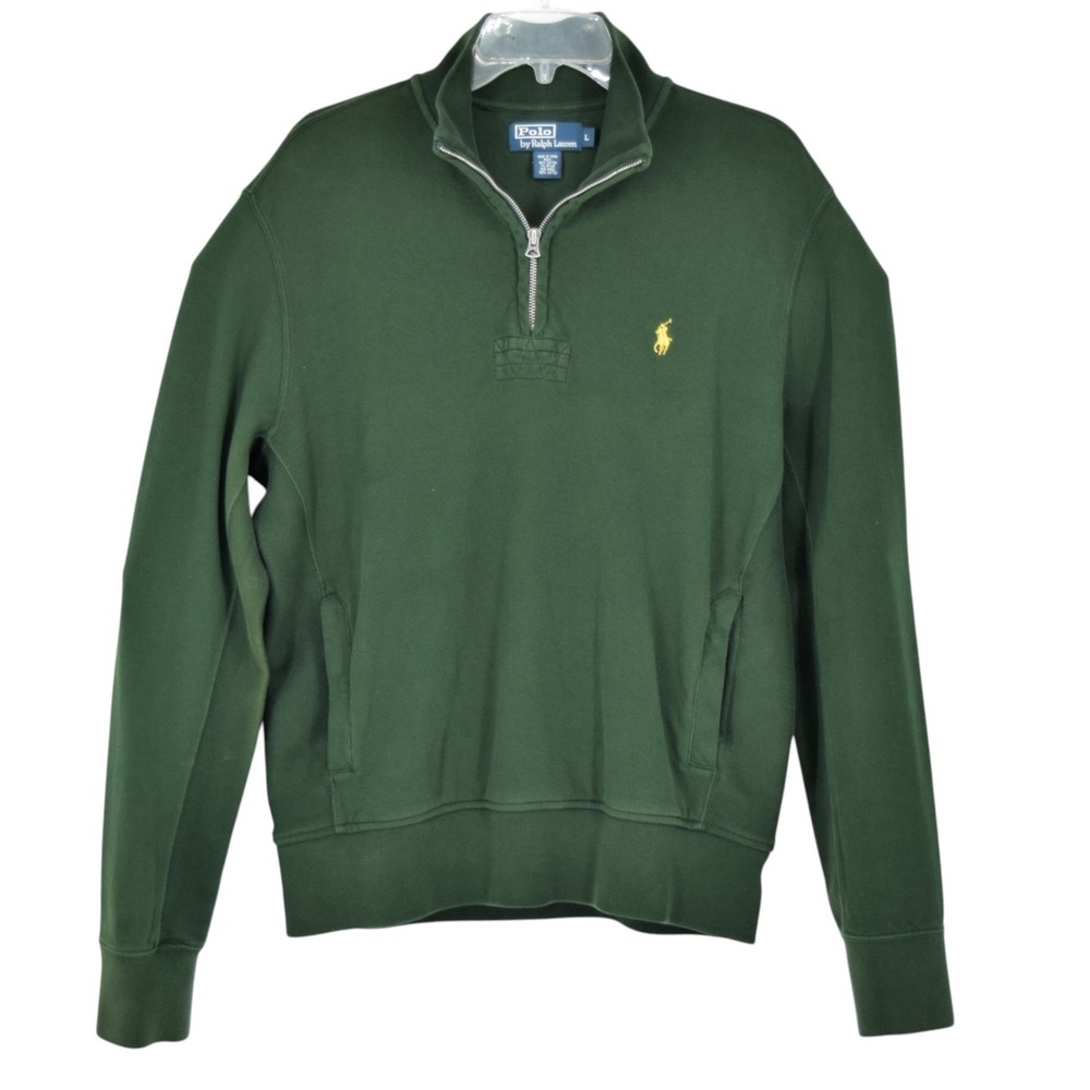 Polo Ralph Lauren Men L Forest Green Quarter Zip Pullover Pocketed Knit Sweater